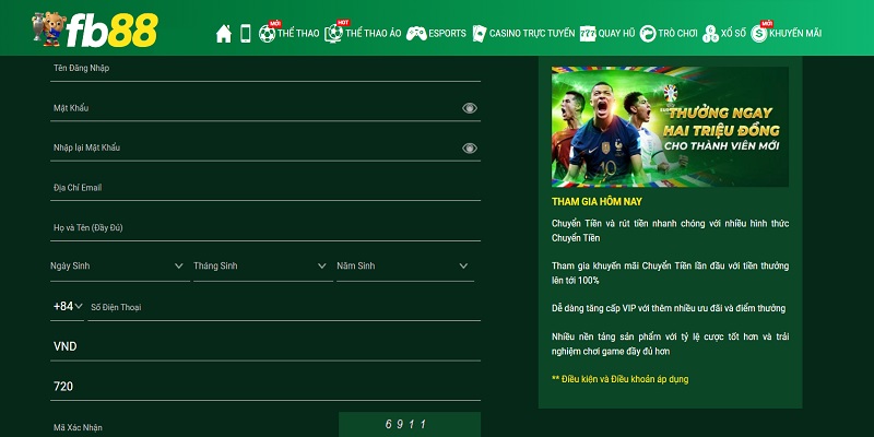 Biểu mẫu cần điền thông tin khi đăng ký tài khoản FB88